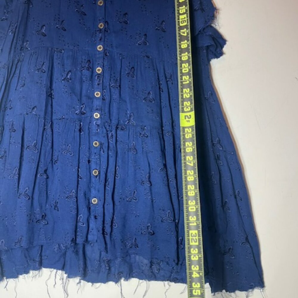Free People Navy Blue Tiered Button Eyelet Boho Raw Hem Mini Dress Sz S - Picture 4 of 5